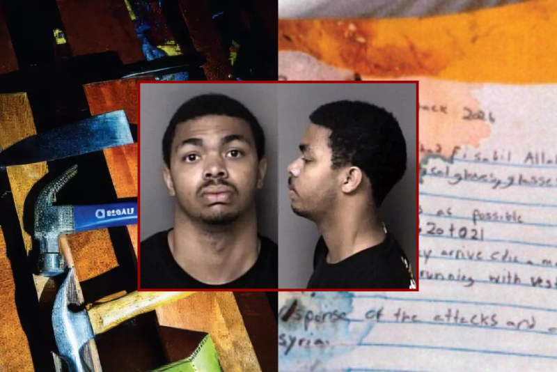 (L) Items seized from Sturdivant’s bedroom on December 29, 2025, pursuant to a federal search warrant (via U.S. Attorney's Office WDNC) / (R) Handwritten document titled “New Years Attack 2026” (via U.S. Attorney's Office WDNC) / (C) Christian Sturdivant (via Gaston County Jail)