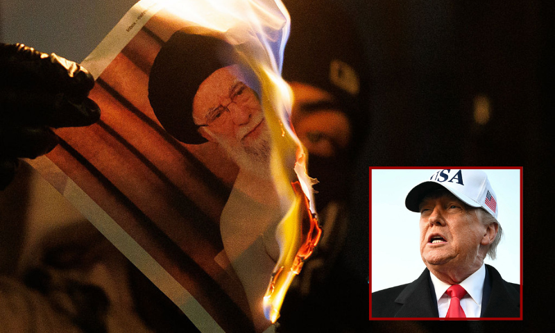 (Background) A protester burns an image of Ali Khamenei, Supreme Leader of Iran during a protest outside the Iranian Embassy on January 14, 2026 in London, England. On Tuesday Foreign Secretary Yvette Cooper announced "full and further sanctions" against Iran in reaction to the regime's violent crackdown on demonstrations that have killed more than 2,500 protesters, according to HRANA, an Iranian human rights organization and news agency. The UK Foreign Office also summoned the Iranian ambassador, Seyed Ali Mousavi, over "horrific reports" of violence by Iranian authorities. (Photo by Dan Kitwood/Getty Images) / (R) US President Donald Trump speaks to the press upon returning to Joint Base Andrews in Maryland on January 13, 2026. Trump is returning from speaking to The Detroit Economic Club in Detroit, Michigan, and a visit to a Ford production plant. (Photo by Mandel NGAN / AFP via Getty Images)