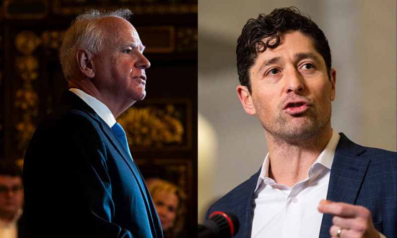 Minnesota Gov. Tim Walz speaks during a press conference at the State Capitol building on January 5, 2026 in St. Paul, Minnesota. Walz announced today that he is abandoning his re-election campaign for governor, blaming scrutiny from President Donald Trump for his decision. (Photo by Stephen Maturen/Getty Images) / Minneapolis Mayor Jacob Frey (C) speaks during a press conference at City Hall on January 09, 2026 in Minneapolis, Minnesota. Frey and local city officials are calling on federal investigators to turn over information to the Minnesota Bureau of Criminal Apprehension after the shooting death of Renee Good by a federal officer this week. (Photo by Stephen Maturen/Getty Images)