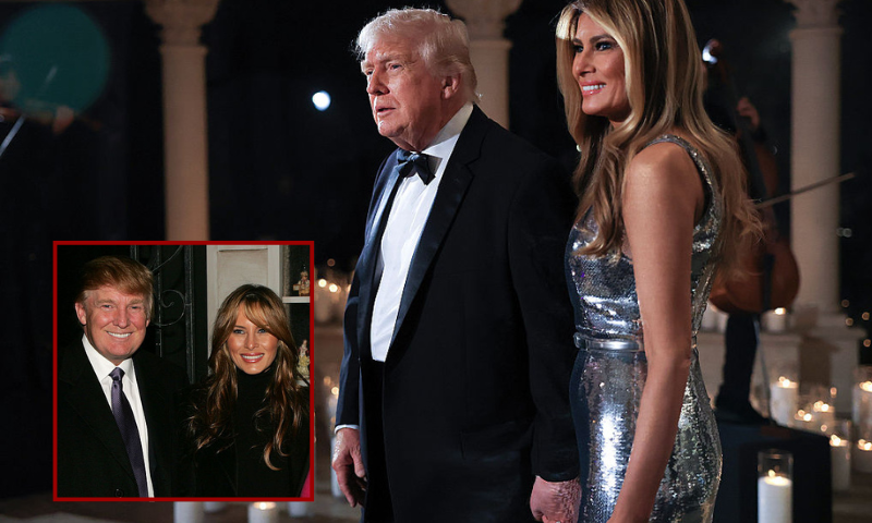 (Background) U.S. President Donald Trump and first lady Melania Trump arrive for a New Year’s Eve event at his Mar-a-Lago home on December 31, 2025 in Palm Beach, Florida. The president addressed guests and celebrated the arrival of 2026. (Photo by Joe Raedle/Getty Images) / (L) Newlyweds Donald Trump (L) and Melania Trump pose for pictures backstage with actor Billy Crystal (R) and wife Janice Crystal after watching Crystal's Broadway show "700 Sundays" on February 16, 2005 in New York City. (Photo by Peter Kramer/Getty Images)