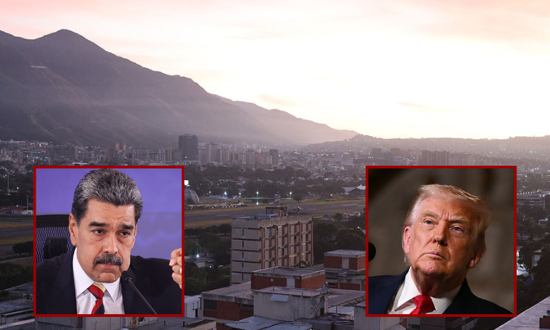 (Background) A distant view of La Carlota airport after explosions and low-flying aircraft were heard on January 3, 2026 in Caracas, Venezuela. According to some reports, explosions were heard in Caracas and other cities near airports and military bases around 2 am. US President Donald Trump later announced that his country's military had launched a "large-scale" attack on Venezuela and captured its President Nicolas Maduro and his wife. (Photo by Jesus Vargas/Getty Images) / (L) President of Venezuela Nicolás Maduro speaks during a press conference at Hotel Melia Caracas on September 01, 2025 in Caracas, Venezuela. Maduro stated that his government is targeted by 8 military ships and 1,200 misiles; what he called the largest threat on Venezuela in the last 100 years. (Photo by Jesus Vargas/Getty Images) / (R) US President Donald Trump takes questions from journalists after announcing the US Navy's new Golden Fleet initiative, unveiling a new class of warships, at Mar-a-Lago in Palm Beach, Florida, on December 22, 2025. President Donald Trump on December 22 announced a new class of heavily armed warships that will be named after himself -- an honor usually reserved for US leaders who have left office.Two of the Trump-class ships will be built initially but that number could grow substantially in the future, according to the president, who said they will be "some of the most lethal surface warfare ships" and "the largest battleship in the history of our country."Trump made the announcement at his Mar-a-Lago residence in Florida alongside Pentagon chief Pete Hegseth, Secretary of State Marco Rubio and Navy Secretary John Phelan, with images of the planned high-tech vessels on stands nearby. (Photo by ANDREW CABALLERO-REYNOLDS / AFP via Getty Images)