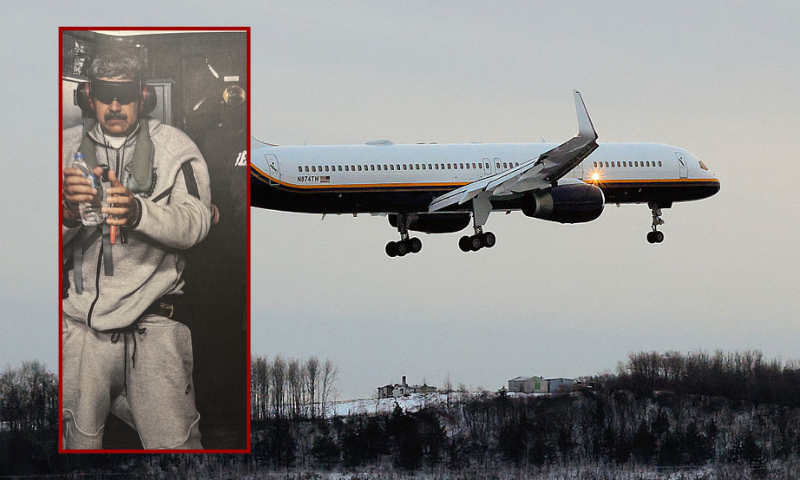 A Department of Justice aircraft arrives with Venezuelan leader Nicolás Maduro and his wife, Cilia Flores at Stewart Air National Guard Base on January 3, 2026 in Newburgh, NY, New York. President Trump confirmed in a news conference that the U.S. military carried out a large-scale strike in Caracas overnight resulting in their capture. (Photo by Kena Betancur/Getty Images) / (L) Nicolas Maduro on board the USS Iwo Jima (via President Donald Trump; Truth Social)