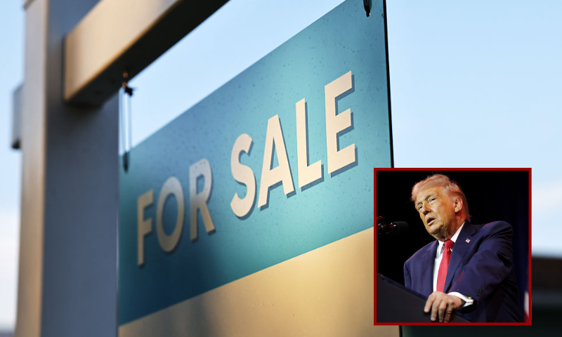 A 'For Sale' sign is posted outside a single family home on August 22, 2025 in Pasadena, California. Sales of existing homes rose slightly in July in the United States following a modest decrease in mortgage interest rates. (Photo by Mario Tama/Getty Images) / (R) U.S. President Donald Trump addresses a House Republican retreat at The John F. Kennedy Center for the Performing Arts on January 06, 2026 in Washington, DC. House Republicans will discuss their 2026 legislative agenda at the meeting. (Photo by Alex Wong/Getty Images)