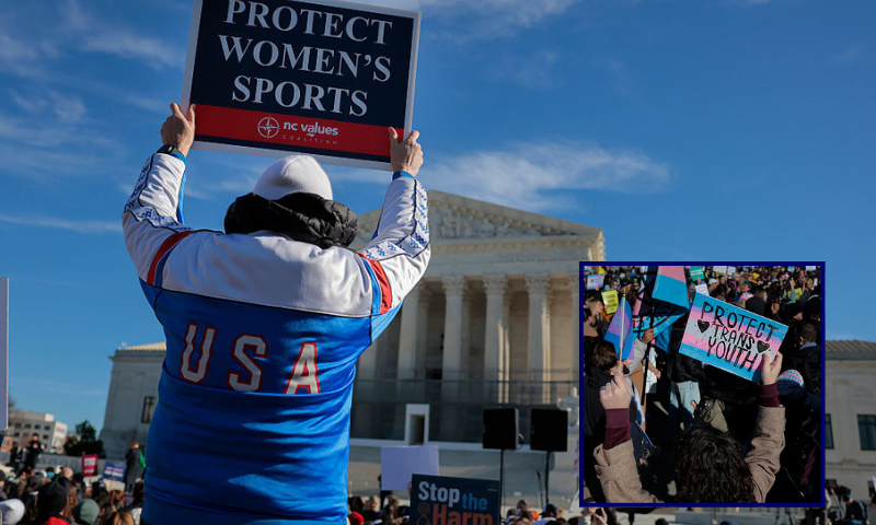 (Background) Protesters against transgender athletes competing in women's sports gather outside the Supreme Court on January 13, 2026 in Washington, DC. Groups from both sides of the debate gathered on Tuesday morning to protest while two cases that prohibit transgender girls from joining girls' and women's sports teams are heard inside the Supreme Court. (Photo by Heather Diehl/Getty Images) / (R) Protesters supporting transgender athletes competing in women's sports gather outside the Supreme Court on January 13, 2026 in Washington, DC. Groups from both sides of the debate gathered on Tuesday morning to protest while two cases that prohibit transgender girls from joining girls' and women's sports teams are heard inside the Supreme Court. (Photo by Heather Diehl/Getty Images)