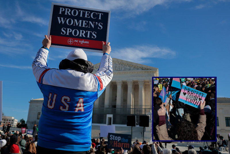 (Background) Protesters against transgender athletes competing in women's sports gather outside the Supreme Court on January 13, 2026 in Washington, DC. Groups from both sides of the debate gathered on Tuesday morning to protest while two cases that prohibit transgender girls from joining girls' and women's sports teams are heard inside the Supreme Court. (Photo by Heather Diehl/Getty Images) / (R) Protesters supporting transgender athletes competing in women's sports gather outside the Supreme Court on January 13, 2026 in Washington, DC. Groups from both sides of the debate gathered on Tuesday morning to protest while two cases that prohibit transgender girls from joining girls' and women's sports teams are heard inside the Supreme Court. (Photo by Heather Diehl/Getty Images)