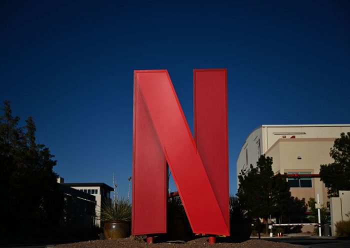 TOPSHOT - The Netflix logo is displayed at the entrance to Netflix Albuquerque Studios film and television production studio lot in Albuquerque, New Mexico on October 13, 2023. (Photo by Patrick T. Fallon / AFP) (Photo by PATRICK T. FALLON/AFP via Getty Images)