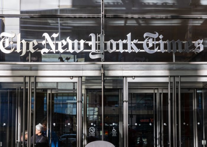 NEW YORK, NEW YORK - FEBRUARY 07: The New York Times building stands in Midtown on February 07, 2024 in New York City. New York Times Co.’s stock fell 4% early Wednesday, after the newspaper beat profit estimates for the fourth quarter but had its revenue fall slightly. (Photo by Spencer Platt/Getty Images)
