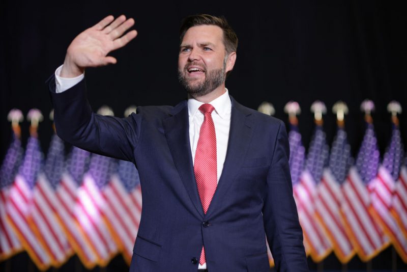 RADFORD, VIRGINIA - JULY 22: Republican vice presidential nominee, U.S. Sen. J.D. Vance (R-OH) holds a campaign rally at Radford University on July 22, 2024 in Radford, Virginia. Vance is on the first campaign swing for either presidential ticket since President Joe Biden yesterday abruptly ended his reelection bid and threw his support behind Vice President Kamala Harris. (Photo by Alex Wong/Getty Images)
