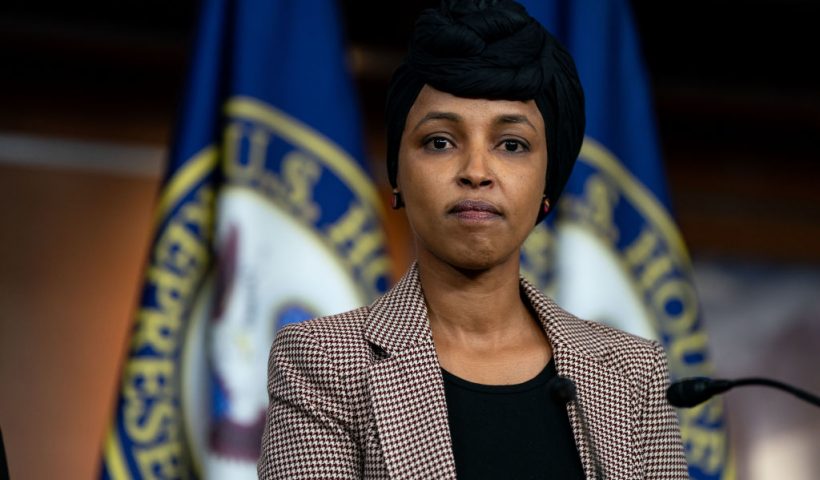 WASHINGTON, DC - JANUARY 22: Rep. Ilhan Omar (D-MN) looks on during a news conference on reintroducing the Neighbors Not Enemies Act on Capitol Hill on January 22, 2025 in Washington, DC. The Neighbors Not Enemies Act seeks to repeal the Alien Enemies Act of 1798, which grants the President of the United States sweeping wartime powers to detain or deport immigrants from enemy nations without due process. (Photo by Kent Nishimura/Getty Images)