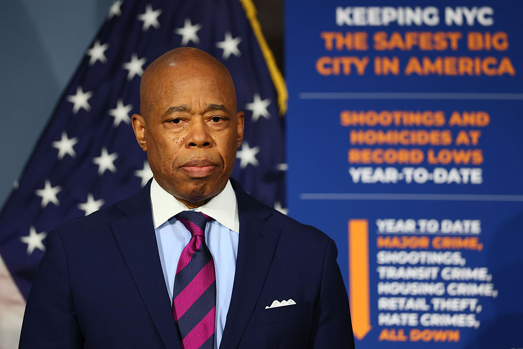 NEW YORK, NEW YORK - JUNE 03: New York Mayor Eric Adams stands silently as NYPD Commissioner Jessica Tisch speaks during a press conference on Public Safety at City Hall on June 03, 2025 in New York City. Adams and NYPD Commissioner Jessica Tisch held a press conference announcing the lowest number of shootings and homicides in recorded history during the first five months of 2025. (Photo by Michael M. Santiago/Getty Images)