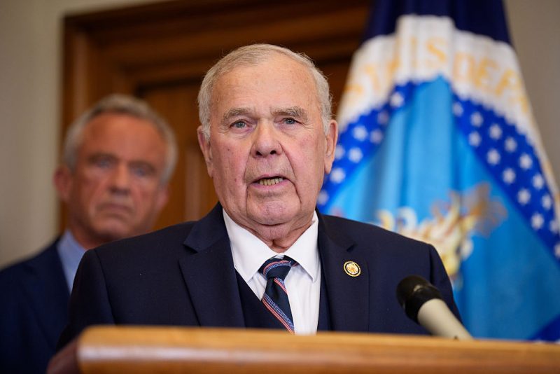 WASHINGTON, DC - JUNE 10: Rep. Jim Baird (R-IN) , accompanied by Health and Human Services Secretary Robert F. Kennedy Jr. (L), speaks before U.S. Agriculture Secretary Brooke Rollins signs three new SNAP food choice waivers for the states of Idaho, Utah, and Arkansas in her office at the United States Department of Agriculture Whitten Building on June 10, 2025 in Washington, DC. The wavers will limit what the Supplemental Nutrition Assistance Program can select as eligible foods, targeting unhealthy food. (Photo by Andrew Harnik/Getty Images)