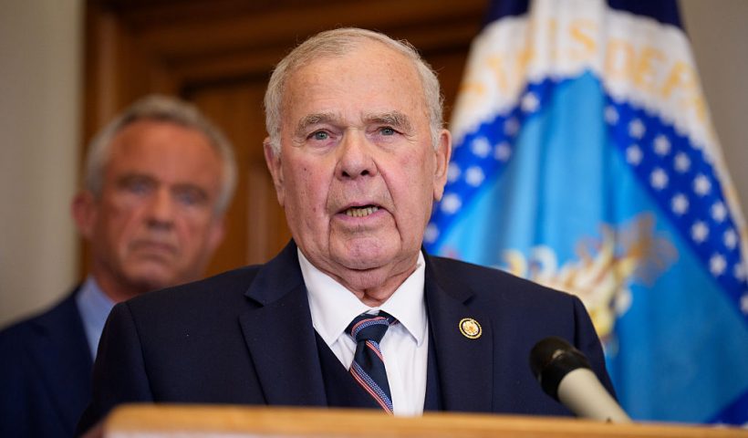 WASHINGTON, DC - JUNE 10: Rep. Jim Baird (R-IN) , accompanied by Health and Human Services Secretary Robert F. Kennedy Jr. (L), speaks before U.S. Agriculture Secretary Brooke Rollins signs three new SNAP food choice waivers for the states of Idaho, Utah, and Arkansas in her office at the United States Department of Agriculture Whitten Building on June 10, 2025 in Washington, DC. The wavers will limit what the Supplemental Nutrition Assistance Program can select as eligible foods, targeting unhealthy food. (Photo by Andrew Harnik/Getty Images)