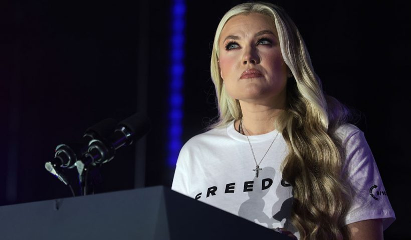 OXFORD, MS - OCTOBER 29: Erika Kirk, widow of Turning Point USA founder Charlie Kirk, speaks during a Turning Point USA event where U.S. Vice President JD Vance is expected, at the Pavilion at Ole Miss at the University of Mississippi, on October 29, 2025 in Oxford, Mississippi. The visit marks the first stop on the “This Is the Turning Point” campus tour, led by Kirk’s widow, Erika Kirk. (Photo by Jonathan Ernst-Pool/Getty Images)