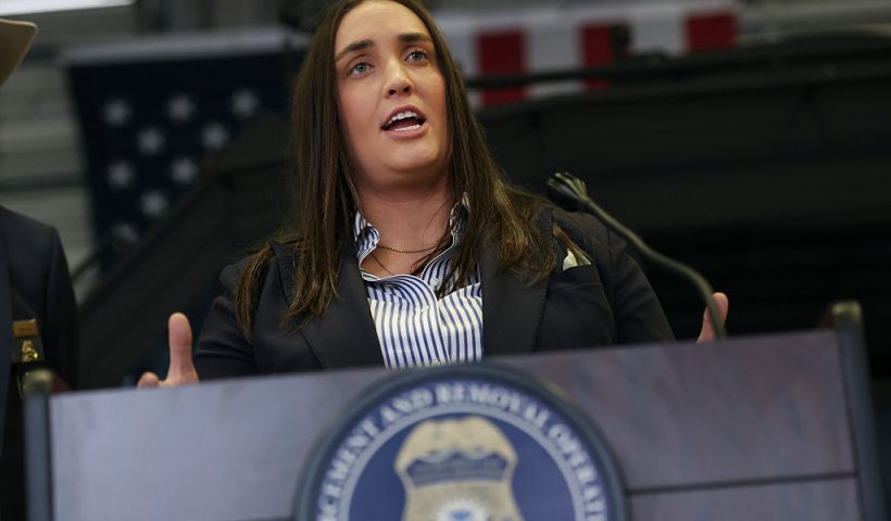 MIRAMAR, FLORIDA - NOVEMBER 13: Madison Sheahan, Deputy Director, U.S. Immigration and Customs Enforcement, holds a press conference at the ICE, Enforcement and Removal Operations building on November 13, 2025 in Miramar, Florida. Sheahan announced the results of an immigration enforcement operation in Florida targeting criminal alien sex offenders. The operation was a joint effort by ICE and the Florida Department of Law Enforcement. (Photo by Joe Raedle/Getty Images)