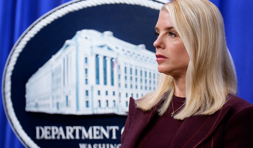 WASHINGTON, DC - NOVEMBER 19: Attorney General Pam Bondi appears at a news conference announcing the indictment of a former Olympic snowboarder Ryan Wedding, charging him with murder and money laundering in connection to a drug trafficking organization at the Justice Department on November 19, 2025 in Washington, DC. The Justice Department announced a fifteen-million-dollar reward for information leading to the arrest of Ryan James Wedding, the leader of a criminal drug organization who smuggled large quantities of cocaine through Colombia and Mexico for distribution in the United States and Canada. (Photo by Andrew Harnik/Getty Images)