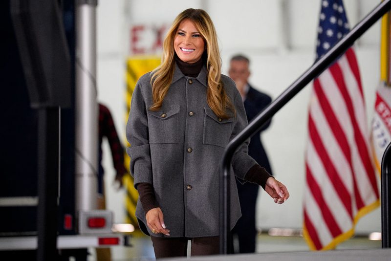 JOINT BASE ANDREWS, MARYLAND - DECEMBER 01: First lady Melania Trump arrives for a Red Cross holiday care package event inside a hangar on December 1, 2025, at Joint Base Andrews, Maryland. The event is part of the American Red Cross Service to the Armed Forces (SAF), which supports the military, veterans and their families. (Photo by Andrew Harnik/Getty Images)