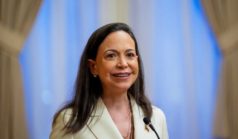 TOPSHOT - Nobel Peace Prize winner María Corina Machado attends a press conference with the President of Norway's Parliament Storting (unseen) on December 11, 2025 at the Storting in Oslo. Machado arrived in Oslo hours after the Venezuelan opposition leader's award was collected on her behalf by her daughter. (Photo by Ole Berg-Rusten / NTB / AFP via Getty Images) / Norway OUT