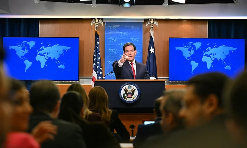 US Secretary of State Marco Rubio points as journalists raise their hands to ask questions during an end-of-year press conference in the State Department Press Briefing Room in Washington, DC on December 19, 2025. (Photo by Mandel NGAN / AFP via Getty Images)