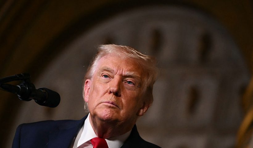 US President Donald Trump takes questions from journalists after announcing the US Navy's new Golden Fleet initiative, unveiling a new class of warships, at Mar-a-Lago in Palm Beach, Florida, on December 22, 2025. President Donald Trump on December 22 announced a new class of heavily armed warships that will be named after himself -- an honor usually reserved for US leaders who have left office. Two of the Trump-class ships will be built initially but that number could grow substantially in the future, according to the president, who said they will be "some of the most lethal surface warfare ships" and "the largest battleship in the history of our country." Trump made the announcement at his Mar-a-Lago residence in Florida alongside Pentagon chief Pete Hegseth, Secretary of State Marco Rubio and Navy Secretary John Phelan, with images of the planned high-tech vessels on stands nearby. (Photo by ANDREW CABALLERO-REYNOLDS / AFP via Getty Images)