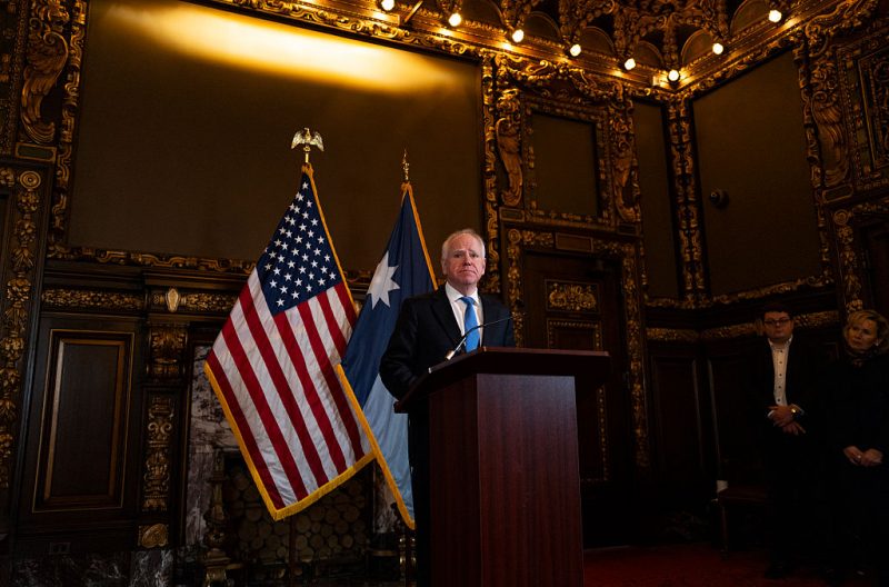 ST. PAUL, MINNESOTA - JANUARY 5: Minnesota Gov. Tim Walz speaks during a press conference at the State Capitol building on January 5, 2026 in St. Paul, Minnesota. Walz announced today that he is abandoning his re-election campaign for governor, blaming scrutiny from President Donald Trump for his decision. (Photo by Stephen Maturen/Getty Images)