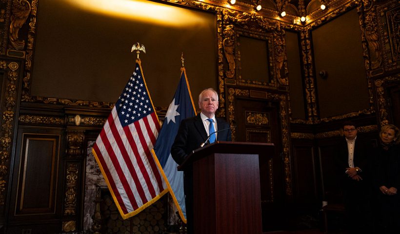 ST. PAUL, MINNESOTA - JANUARY 5: Minnesota Gov. Tim Walz speaks during a press conference at the State Capitol building on January 5, 2026 in St. Paul, Minnesota. Walz announced today that he is abandoning his re-election campaign for governor, blaming scrutiny from President Donald Trump for his decision. (Photo by Stephen Maturen/Getty Images)