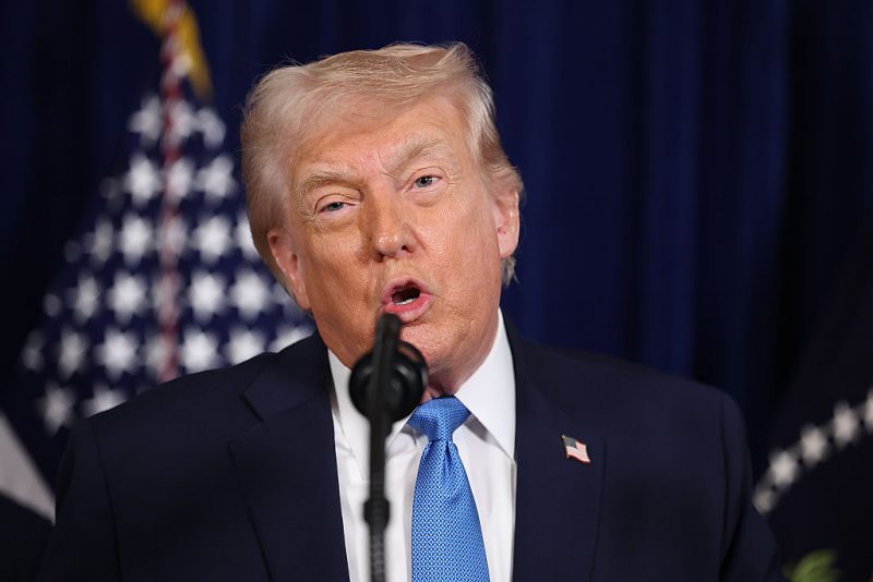 PALM BEACH, FLORIDA - JANUARY 03: U.S. President Donald Trump addresses the media during a news conference at his Mar-a-Lago club on January 03, 2026, in Palm Beach, Florida. President Trump confirmed that the U.S. military carried out a large-scale strike in Caracas overnight, resulting in the capture of Venezuelan leader Nicolas Maduro and his wife, Cilia Flores. (Photo by Joe Raedle/Getty Images)