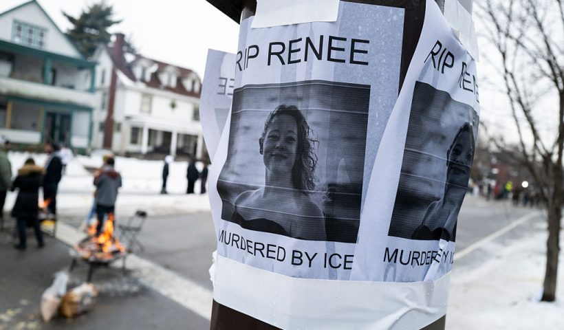 MINNEAPOLIS, MINNESOTA - JANUARY 08: A portrait of Renee Nicole Good is pasted to a light pole near the site of her shooting on January 08, 2026 in Minneapolis, Minnesota. According to federal officials, an ICE agent shot and killed Good during a confrontation yesterday in south Minneapolis. (Photo by Stephen Maturen/Getty Images)