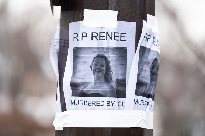 MINNEAPOLIS, MINNESOTA - JANUARY 08: A portrait of Renee Nicole Good is pasted to a light pole near the site of her shooting on January 08, 2026 in Minneapolis, Minnesota. According to federal officials, an ICE agent shot and killed Good during a confrontation yesterday in south Minneapolis. (Photo by Stephen Maturen/Getty Images)