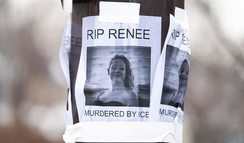 MINNEAPOLIS, MINNESOTA - JANUARY 08: A portrait of Renee Nicole Good is pasted to a light pole near the site of her shooting on January 08, 2026 in Minneapolis, Minnesota. According to federal officials, an ICE agent shot and killed Good during a confrontation yesterday in south Minneapolis. (Photo by Stephen Maturen/Getty Images)