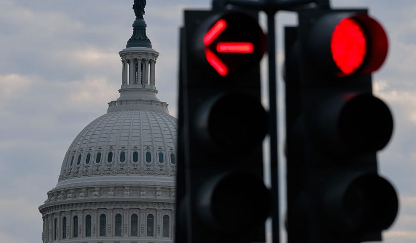 WASHINGTON, DC - JANUARY 05: Traffic lights point the way near the U.S. Capitol on January 05, 2026 in Washington, DC. Members of Congress are set to return to the capital Monday following a two-and-a-half week break for the holidays. (Photo by Chip Somodevilla/Getty Images)