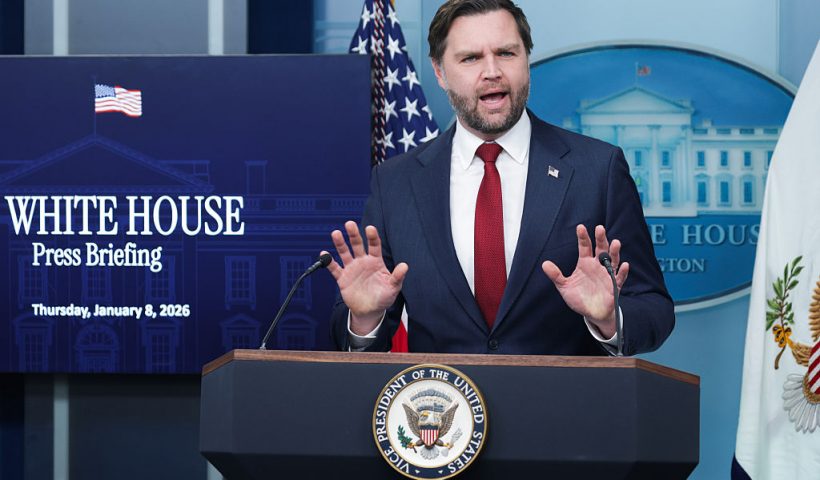 WASHINGTON, DC - JANUARY 08: U.S. Vice President JD Vance speaks during a news briefing in the James S. Brady Press Briefing Room of the White House on January 08, 2026 in Washington, DC. Vance joined White House Press Secretary Karoline Leavitt to address several topics including the welfare fraud scandal in Minnesota and yesterday's fatal shooting of a woman by an ICE agent during a confrontation in Minneapolis. (Photo by Alex Wong/Getty Images)