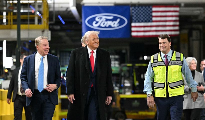 US President Donald Trump, alongside L/R Ford executive chairman Bill Fordand Ford CEO Jim Farley, tours Ford Motor Company's River Rouge complex in Dearborn, Michigan, on January 13, 2026. (Photo by Mandel NGAN / AFP via Getty Images)
