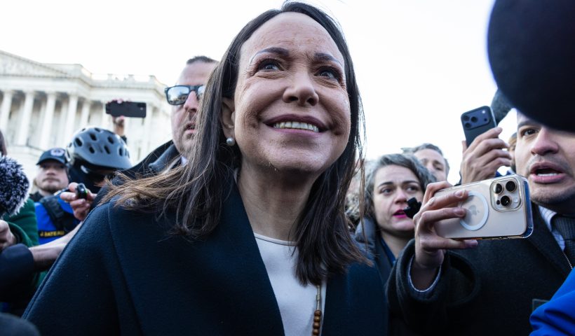 WASHINGTON, DC - JANUARY 15: Venezuelan opposition leader Maria Corina Machado is seen on Capitol Hill following a meeting with lawmakers on January 15, 2026 in Washington, DC. Machado has called for Democratic Unitary Platform candidate Edmundo González, who is widely considered to be the winner of the 2024 election, to assume the presidency of Venezuela following the January 03, 2026 capture and arrest of Nicolas Maduro by the United States military. (Photo by Anna Rose Layden/Getty Images)