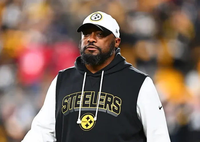 Head coach Mike Tomlin of the Pittsburgh Steelers looks on before the game against the Houston Texans at Acrisure Stadium on January 12, 2026 in Pittsburgh, Pennsylvania. (Photo by Joe Sargent/Getty Images)