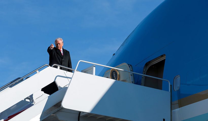 JOINT BASE ANDREWS, MARYLAND - JANUARY 13: U.S. President Donald Trump prepares to board Air Force One on January 13, 2026 at Joint Base Andrews, Maryland. Trump is traveling to Michigan where he will participate in a tour of the Ford River Rouge complex and later give remarks to the Detroit Economic Club. (Photo by Anna Moneymaker/Getty Images)