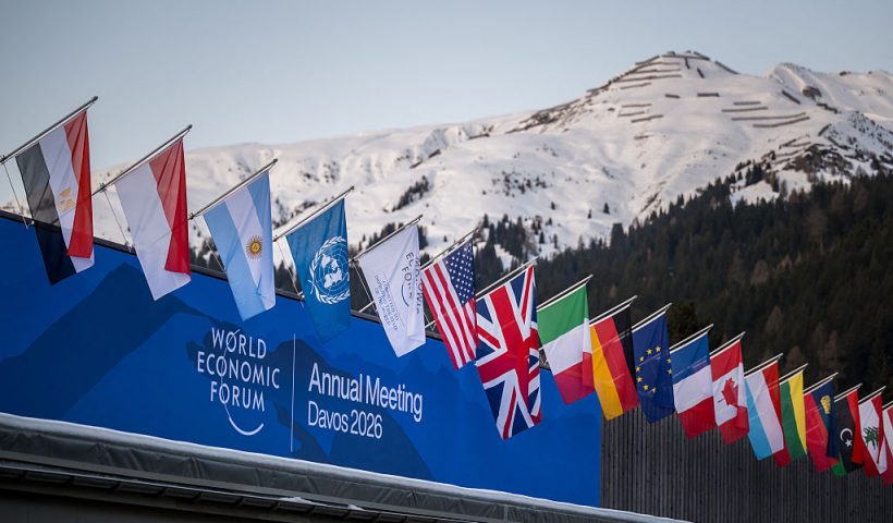 EDITORS NOTE: Graphic content / A sign of the World Economic Forum (WEF) is seen on the top of the Congress Centre that hosts the WEF annual meeting in the Alpine resort of Davos on its opening day in Davos on January 19, 2026. The World Economic Forum takes place in Davos from January 19 to January 23, 2026. (Photo by Fabrice COFFRINI / AFP via Getty Images)