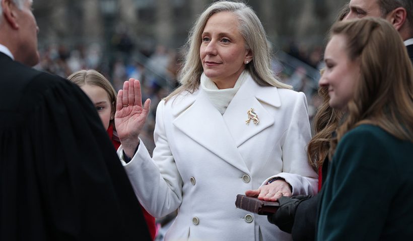 RICHMOND, VIRGINIA - JANUARY 17: Virginia Governor Abigail Spanberger is sworn into office by the Honorable William Mims, Senior Justice of the Supreme Court of Virginia, at the Virginia State Capitol January 17, 2026 in Richmond, Virginia. Spanberger is the first woman elected to the Commonwealth of Virginia’s highest office. (Photo by Win McNamee/Getty Images)