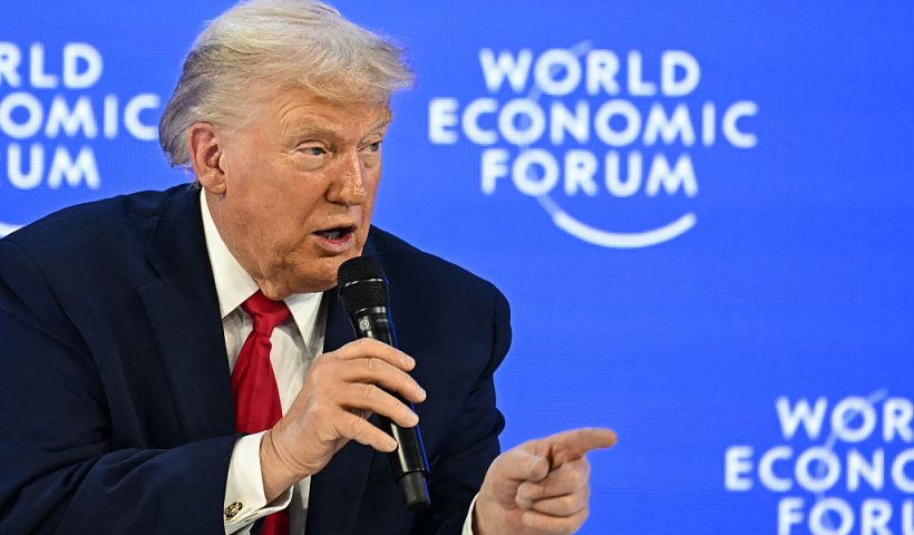 US President Donald Trump gestures as he speaks during the World Economic Forum (WEF) annual meeting in Davos on January 21, 2026. The World Economic Forum takes place in Davos from January 19 to January 23, 2026. (Photo by Fabrice COFFRINI / AFP via Getty Images)
