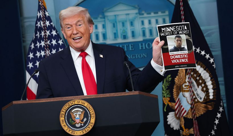 WASHINGTON, DC - JANUARY 20: U.S. President Donald Trump displays a photo of what he says is an illegal immigrant who was arrested in Minnesota during a press briefing in the James S. Brady Press Briefing Room of the White House on January 20, 2026 in Washington, DC. White House Press Secretary Karoline Leavitt was joined by President Trump days after the president threatened a 10% import tax on goods from eight European countries that have rallied around Denmark amid Trump's calls for the U.S. to take control of Greenland, a semi-autonomous Danish territory. (Photo by Kevin Dietsch/Getty Images)