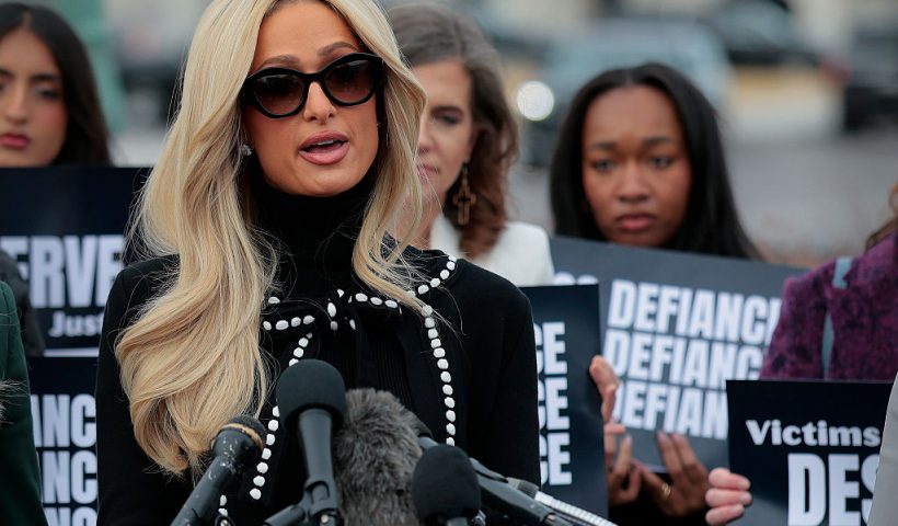 WASHINGTON, DC - JANUARY 22: Paris Hilton speaks at a press conference with bipartisan support for the DEFIANCE Act at the U.S. Capitol on January 22, 2026 in Washington, DC. The DEFIANCE Act proposes that legal recourse be provided for victims of nonconsensual deepfake pornography (Photo by Heather Diehl/Getty Images)