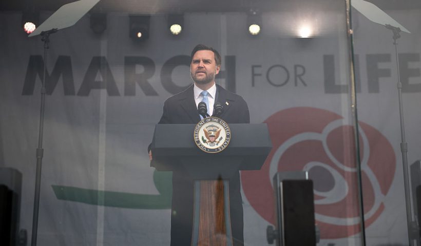WASHINGTON, DC - JANUARY 23: U.S. Vice President JD Vance delivers remarks from behind bulletproof glass during the annual March for Life rally on the National Mall on January 23, 2026 in Washington, DC. Anti-abortion activists attended the annual march to mark the anniversary of the Supreme Court's, now overturned, 1973 Roe v. Wade ruling which legalized abortion in all 50 states. (Photo by Kevin Dietsch/Getty Images)