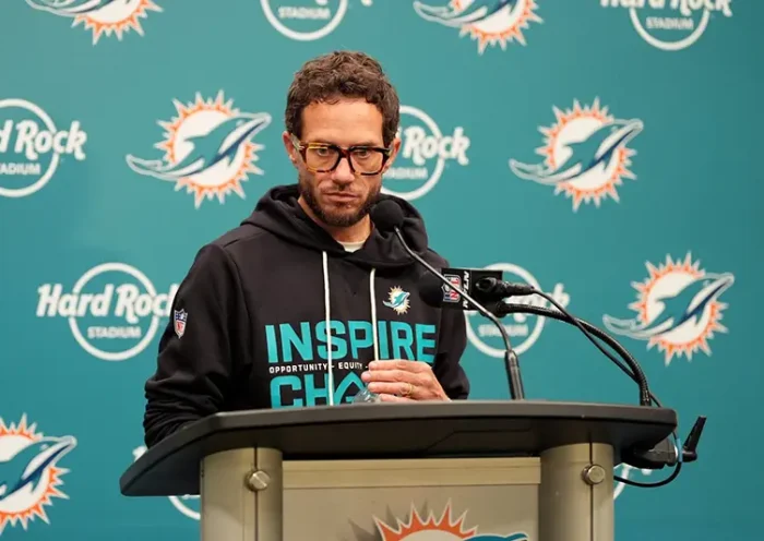 Miami Dolphins head coach Mike McDaniel speaks during a news conference after an NFL football game against the Tampa Bay Buccaneers, Sunday, Dec. 28, 2025, in Miami Gardens, Fla. (AP Photo/Rebecca Blackwell)