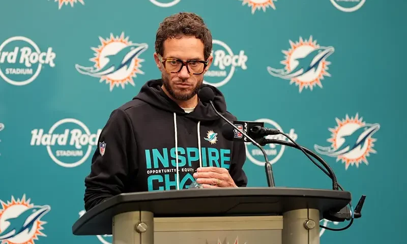 Miami Dolphins head coach Mike McDaniel speaks during a news conference after an NFL football game against the Tampa Bay Buccaneers, Sunday, Dec. 28, 2025, in Miami Gardens, Fla. (AP Photo/Rebecca Blackwell)