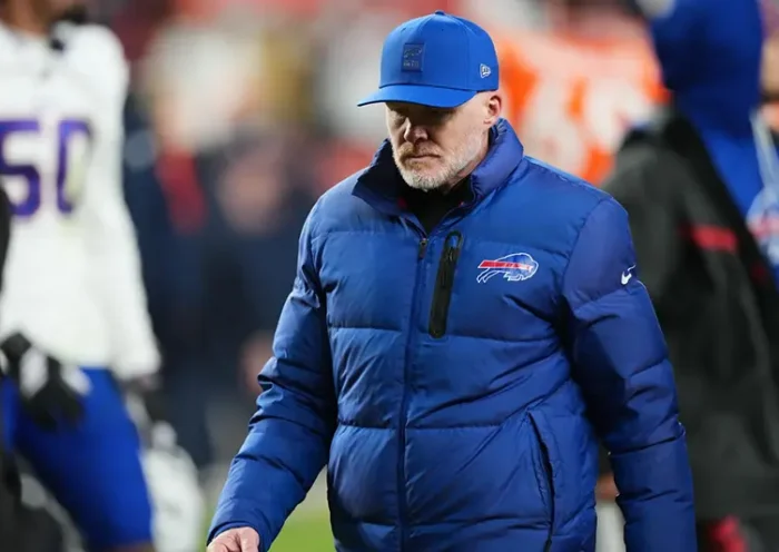 Buffalo Bills head coach Sean McDermott leaves the field after an NFL divisional round playoff football game against the Denver Broncos, Wednesday, Jan. 17, 2024, in Denver. (AP Photo/David Zalubowski)