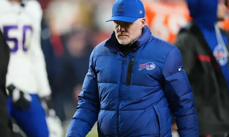 Buffalo Bills head coach Sean McDermott leaves the field after an NFL divisional round playoff football game against the Denver Broncos, Wednesday, Jan. 17, 2024, in Denver. (AP Photo/David Zalubowski)
