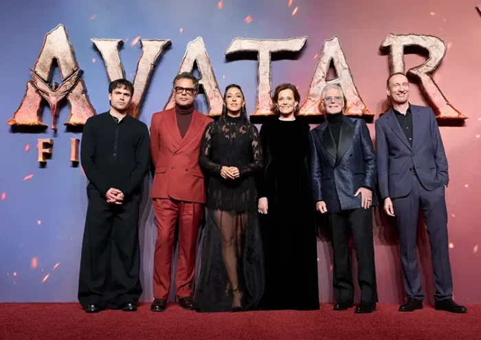 From left, Jamie Flatters, Jemaine Clement, Oona Castilla Chaplin, Sigourney Weaver, Stephen Lang and David Thewlis pose for photographers upon arrival at the UK premiere for the film “Avatar: Fire and Ash” in London, England, Thursday, Dec. 11, 2025. (Photo by Scott A Garfitt/Invision/AP)