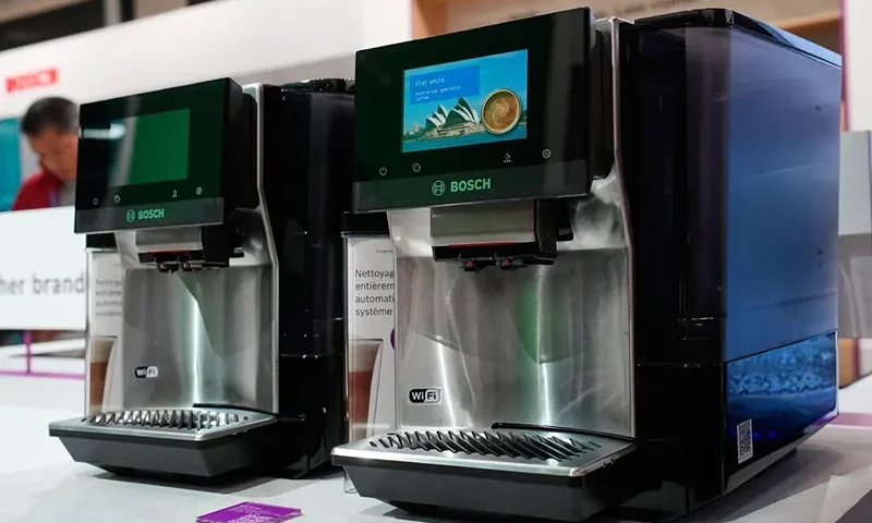 A couple of Bosch 800 Series fully automatic espresso machines are seen on display at the Bosch booth during the CES tech show Wednesday, Jan. 7, 2026, in Las Vegas. (AP Photo/John Locher)