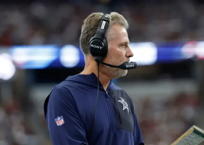 Dallas Cowboys defensive coordinator Matt Eberflus on the sidelines during a NFL football game against the Washington Commanders on Sunday, Oct. 19, 2025, in Arlington, Texas. (AP Photo/Matt Patterson, File)