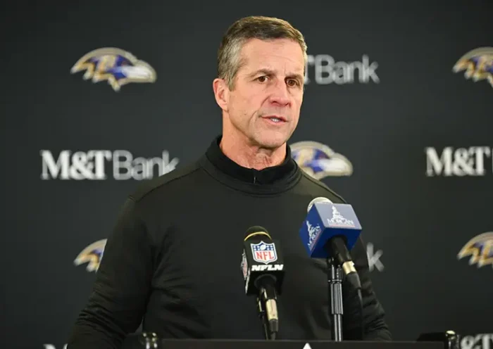 Baltimore Ravens head coach John Harbaugh speaks during a news conference after an NFL football game against the Pittsburgh Steelers, Sunday, Jan. 4, 2026, in Pittsburgh. (AP Photo/Justin Berl)