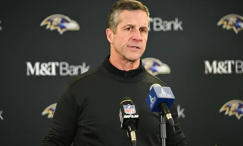 Baltimore Ravens head coach John Harbaugh speaks during a news conference after an NFL football game against the Pittsburgh Steelers, Sunday, Jan. 4, 2026, in Pittsburgh. (AP Photo/Justin Berl)